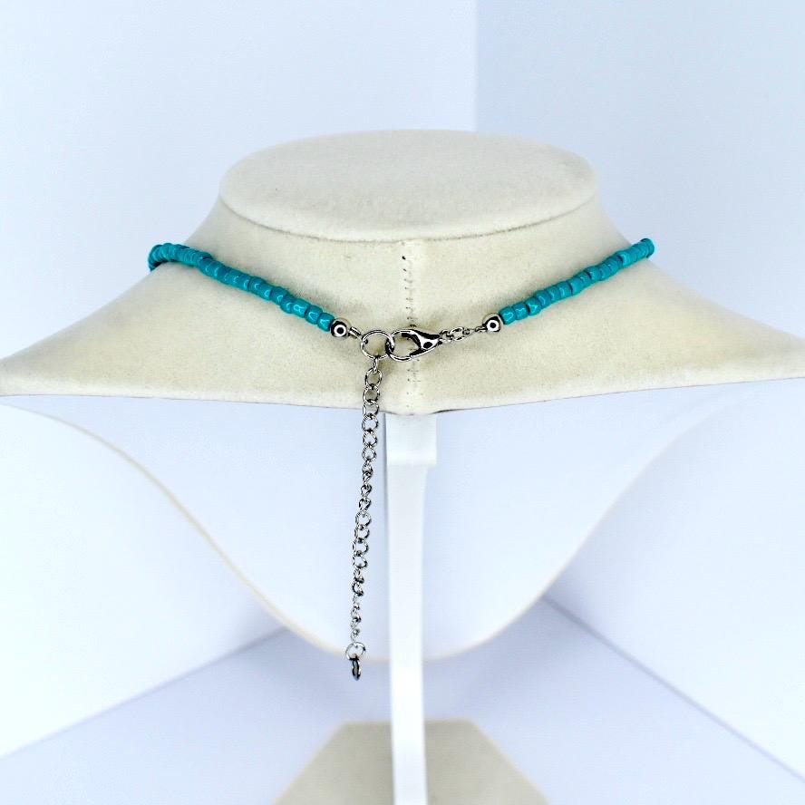 Turquoise seed bead necklace with adjustable silver chain and lobster clasp – handmade minimalist jewelry.