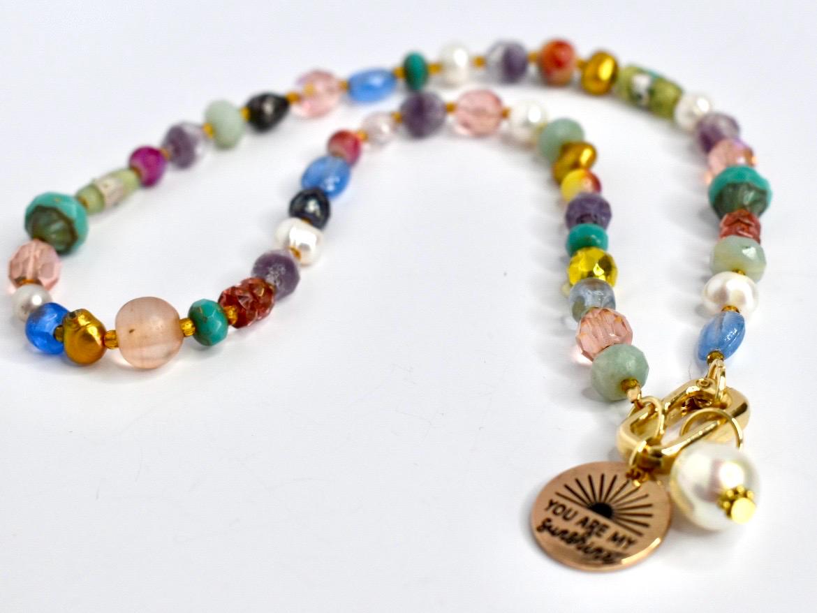 Colorful Beaded Necklace with You Are My Sunshine Charm & Pearl Charm
