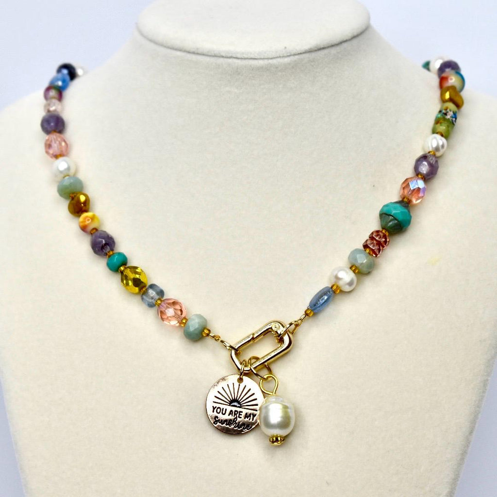 Colorful Beaded Necklace with You Are My Sunshine Charm & Pearl Charm