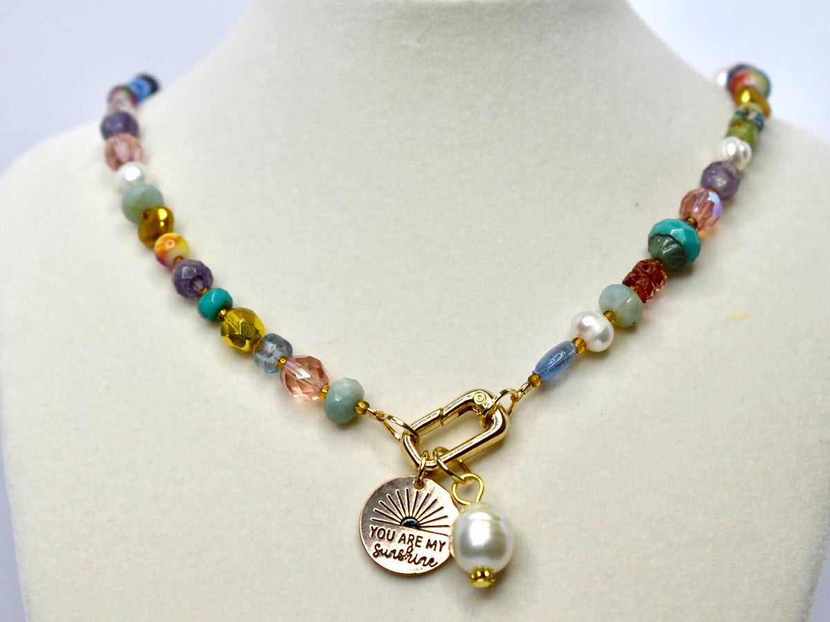 Colorful Beaded Necklace with You Are My Sunshine Charm & Pearl Charm