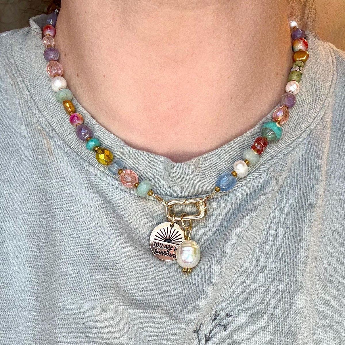 Colorful Beaded Necklace with You Are My Sunshine Charm & Pearl Charm