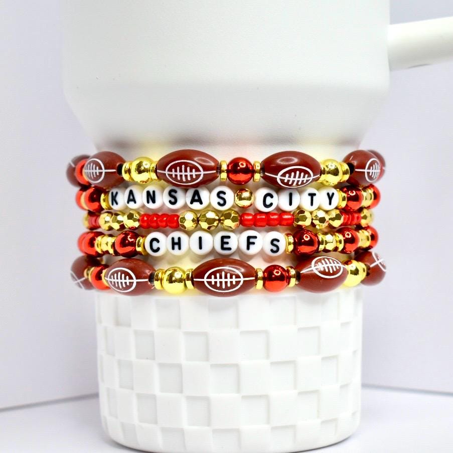 Kansas City Chiefs Tumbler Bracelet Stack Set of 5 Beaded Jewelry Red Gold White Football Beads Letter Accent Cup Holder Accessories Stretchy Elastic Band Wrist or Tumbler Decor Game Day Gift Idea