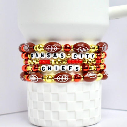 Kansas City Chiefs Tumbler Bracelet Stack Set of 5 Beaded Jewelry Red Gold White Football Beads Letter Accent Cup Holder Accessories Stretchy Elastic Band Wrist or Tumbler Decor Game Day Gift Idea