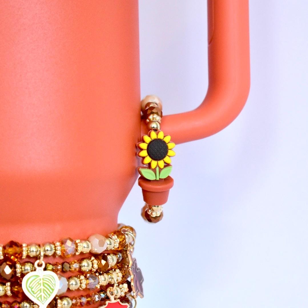 Mini Tumbler Bracelet Handle Charm Jewelry Beaded Cup Holder Accessory Gold Brown Glass Beads Sunflower Flower Pot Charm Accent Stretch Band Decorative Drinkware Jewelry Gift Collection