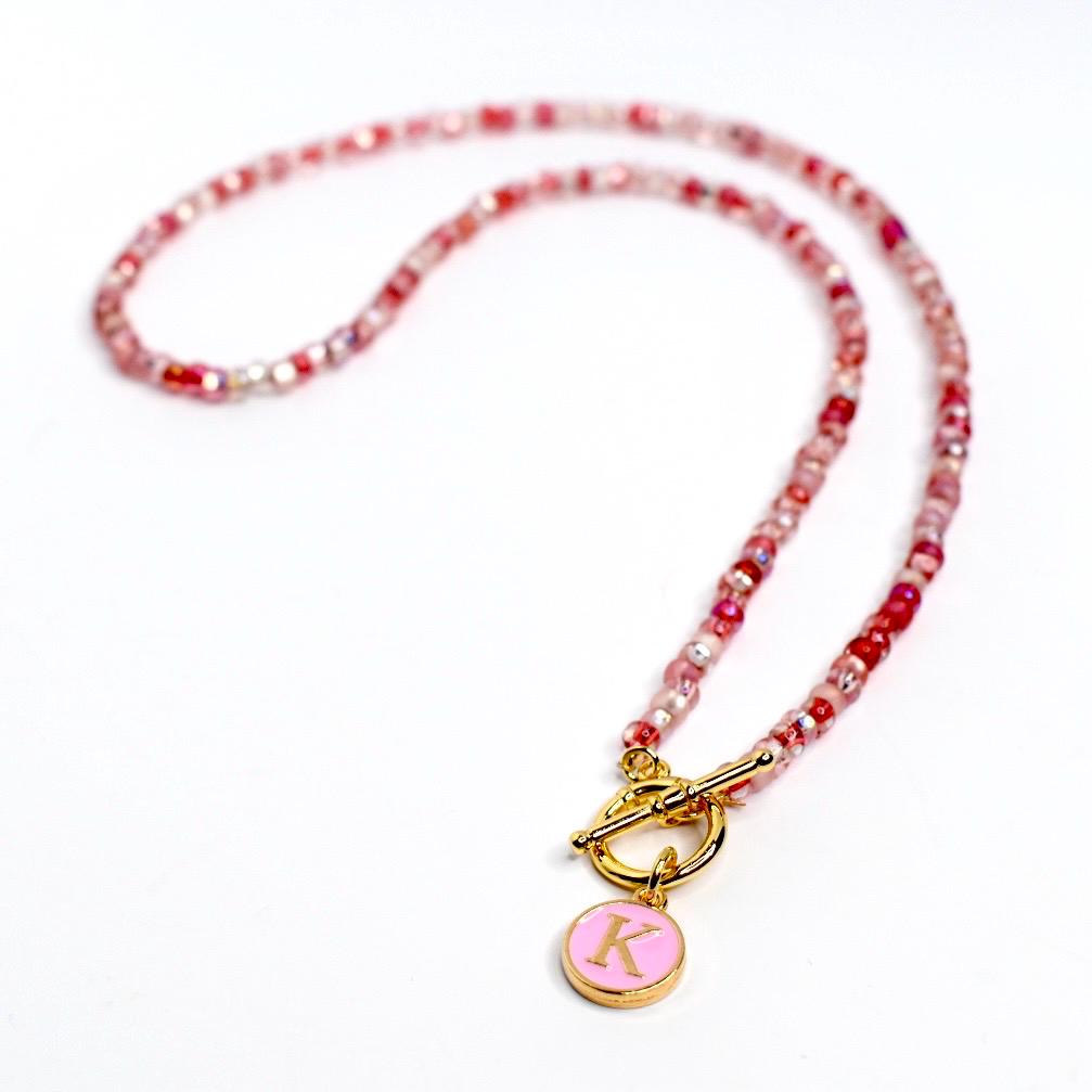 Beaded Necklace Jewelry Collection Glass Bead Strand Pink Red White Color Combination Gold Toggle Clasp Design Custom Initial Charm Pendant Personalized Jewelry Gift Idea Stylish Beaded Accessory