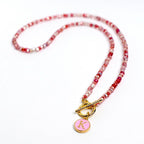 Beaded Necklace Jewelry Collection Glass Bead Strand Pink Red White Color Combination Gold Toggle Clasp Design Custom Initial Charm Pendant Personalized Jewelry Gift Idea Stylish Beaded Accessory