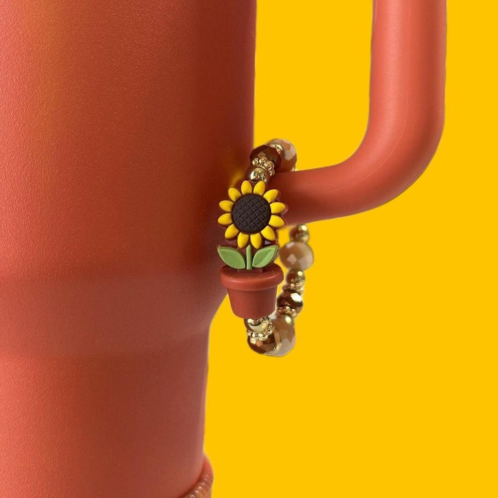 Tumbler Bracelet Cup Handle Charm Jewelry Glass Bead Set Gold Brown Color Combination Sunflower Pot Accent Elastic Band Design Drinkware Accessory Cute Mini Bracelet Perfect Gift Idea