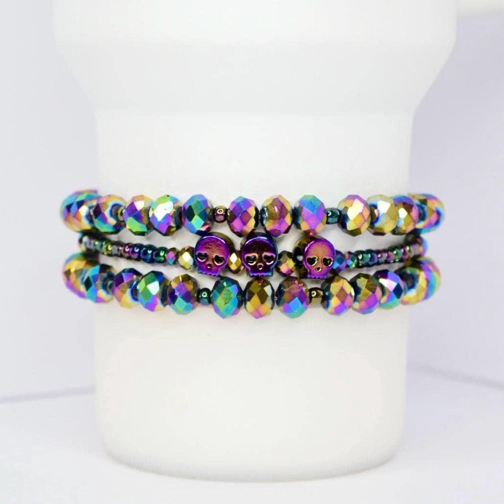 Iridescent Skull Bracelet Stack: Set of 3 Iridescent Crystal Bracelets, Gothic Punk Jewelry