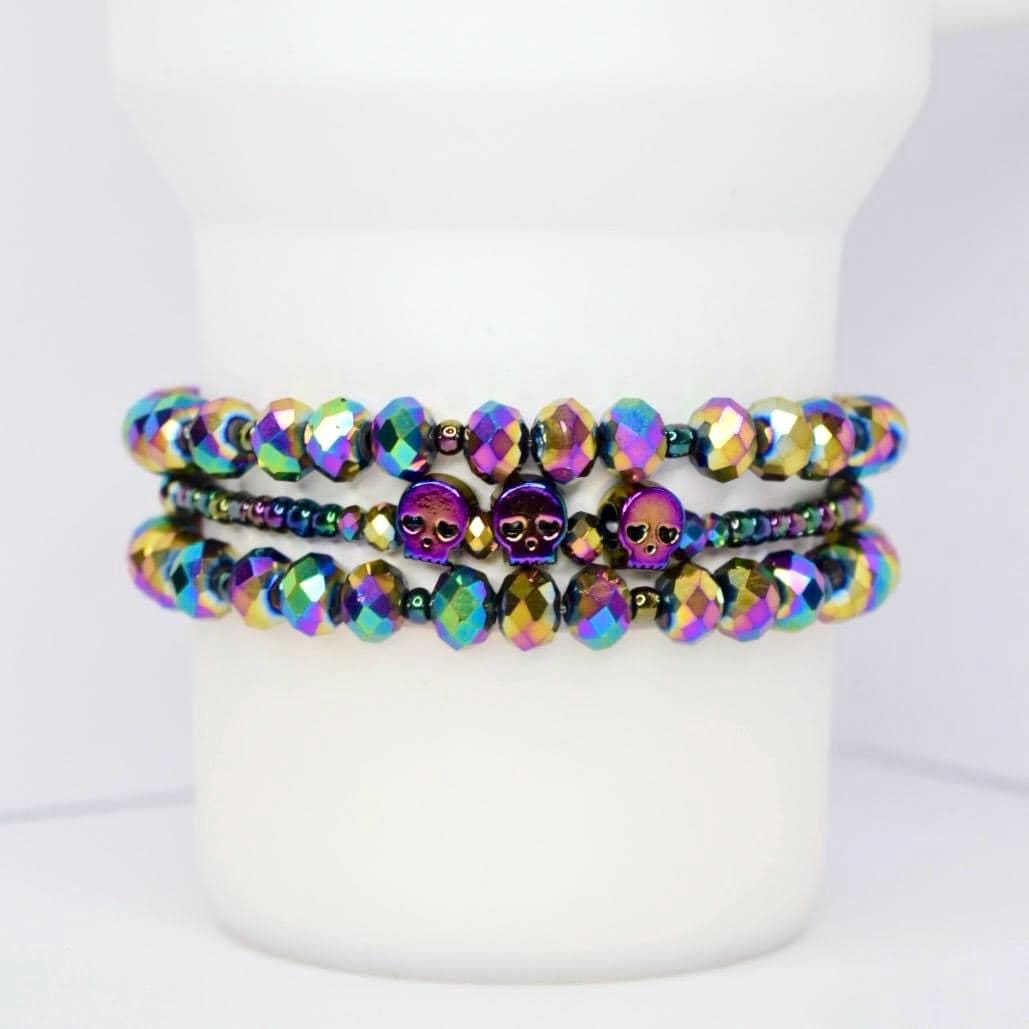 Iridescent Skull Bracelet Stack: Set of 3 Iridescent Crystal Bracelets, Gothic Punk Jewelry