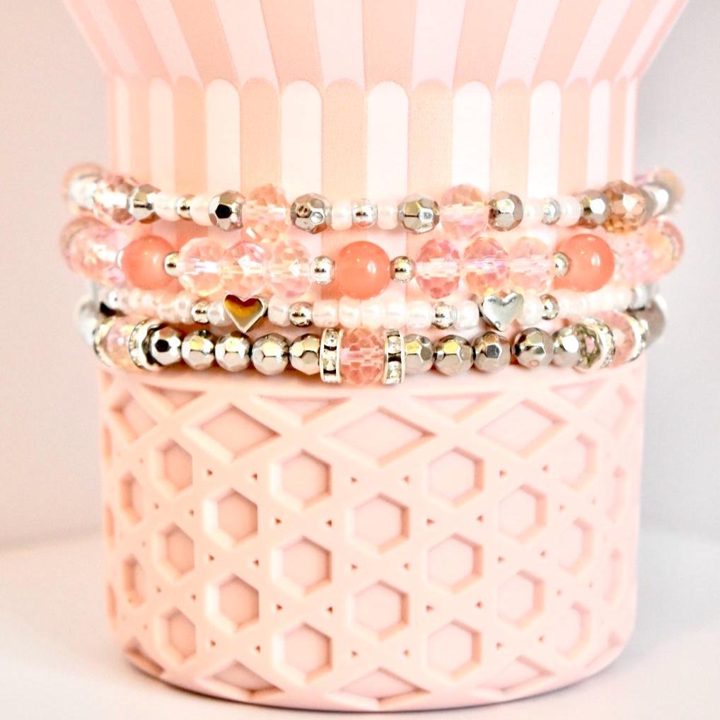 Tea Rose Tile Bracelet Collection: Peach Pink and Silver Beaded Bracelets