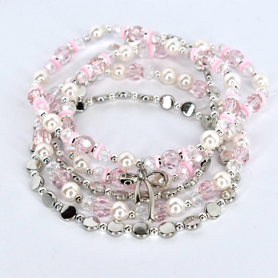 Pink and Silver Bracelet Collection with Silver Bow Charm