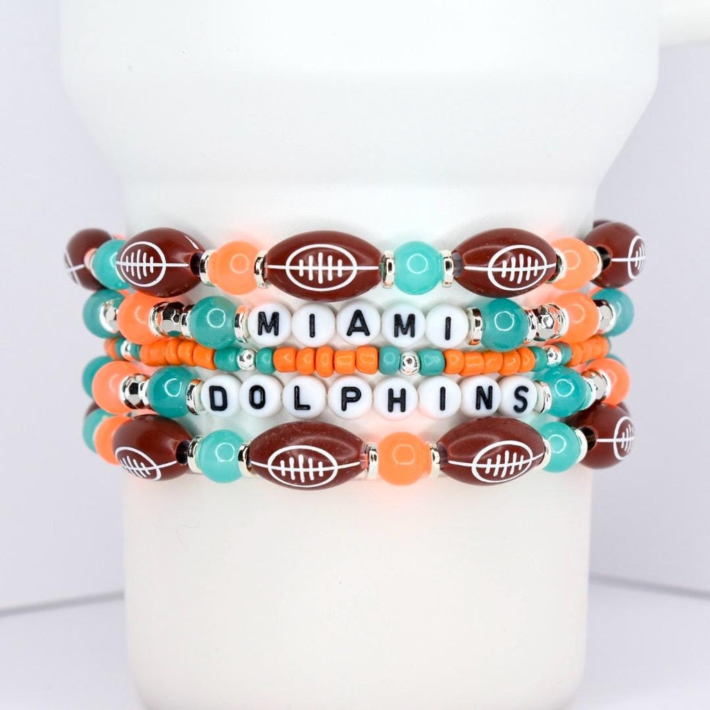 Miami Dolphins Bracelet Collection: Orange Teal and Silver Beaded Bracelets