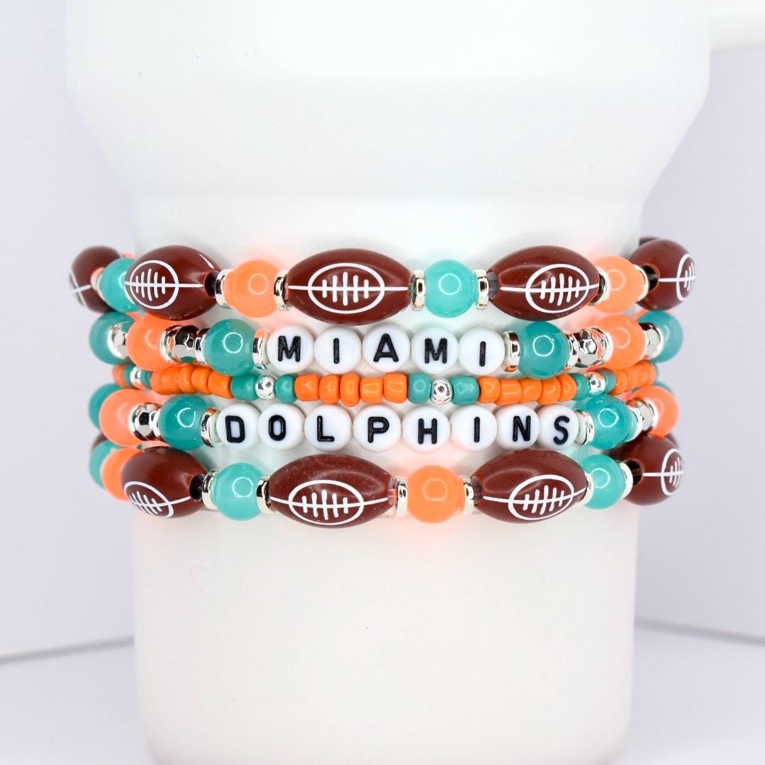 Miami Dolphins Bracelet Collection: Orange Teal and Silver Beaded Bracelets