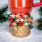 Holiday Gift Bracelet Set Christmas Jewelry Collection Festive Tumbler Accessory Red Green Beaded Design Sparkle Elastic Band Bow Charm Detail Handcrafted Holiday Present Stocking Stuffer Idea Festive Wrist Wear Christmas Cup Decoration