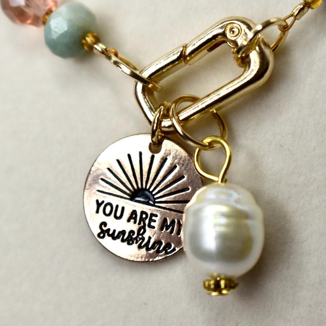 Colorful Beaded Necklace with You Are My Sunshine Charm & Pearl Charm