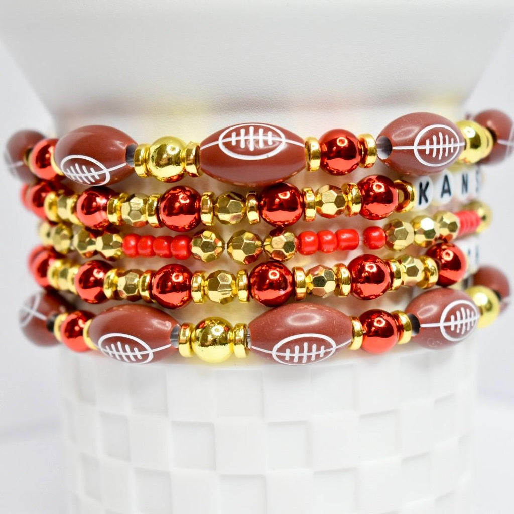 Kansas City Chiefs Tumbler Bracelet Beaded Jewelry Set Red Gold White Football Beads Letter Accent Stretchy Elastic Band Design Stack of 5 Drinkware Charm or Wrist Accessory Perfect Game Day Gift