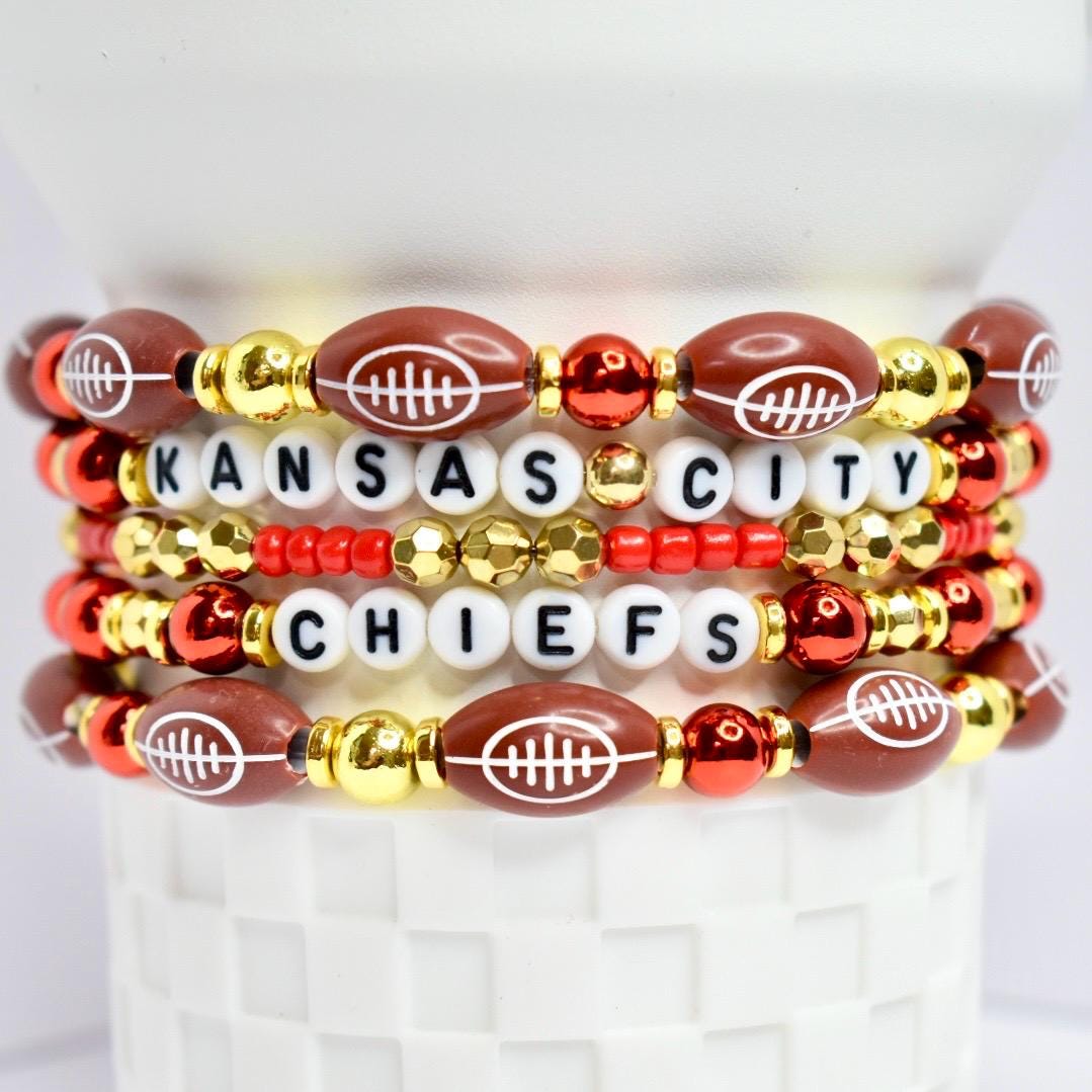 Tumbler Bracelet Jewelry Kansas City Chiefs Beaded Stack 5 Piece Red Gold White Team Color Combination Football Beads Letter Beads Stretchy Design Drinkware Charm or Wrist Accessory Game Day Gift