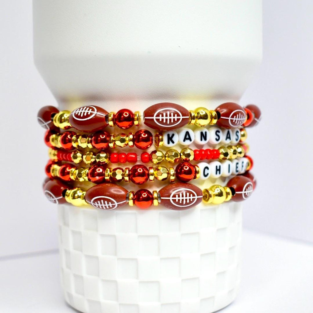 Tumbler Bracelet Collection Kansas City Chiefs Set of 5 Beaded Jewelry Red Gold White Team Colors Football Beads Letter Beads Stretchy Elastic Design Drinkware Accessories Wrist Stack Game Day Style