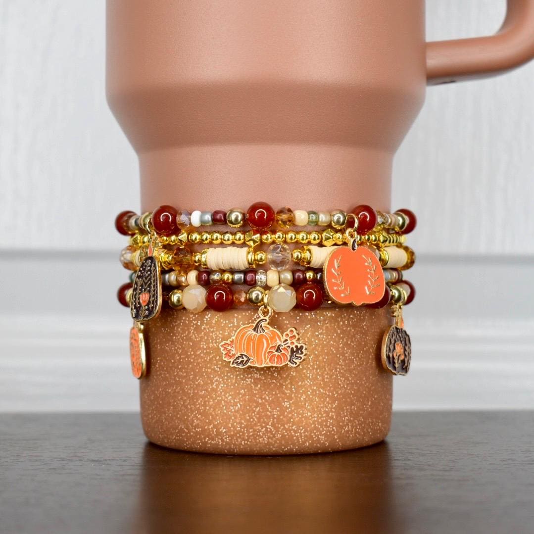 Red, Cream and Gold Fall Charm Bracelet Collection with Gold Accents