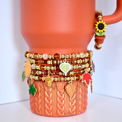 Tumbler Handle Bracelet Charm Cup Holder Jewelry Beaded Glass Bead Design Gold Brown Color Palette Sunflower Pot Accent Elastic Band Tumbler Accessories Unique Gift Idea Handmade Jewelry