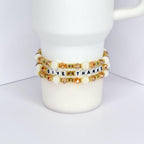 Give Thanks tumbler charm bracelet – gold and ivory beaded wrap for Thanksgiving and fall seasonal drinkware.