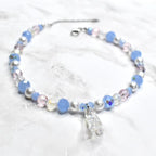 Kids Cinderella costume necklace with crystal glass shoe pendant, light blue gemstone beads, silver metallic spheres, and iridescent accents - Disney fairy tale jewelry