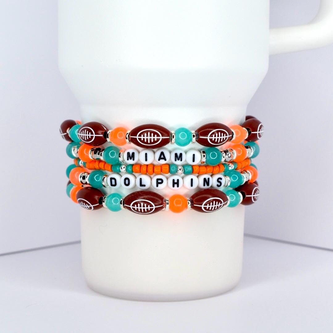 Miami Dolphins Bracelet Collection: Orange Teal and Silver Beaded Bracelets