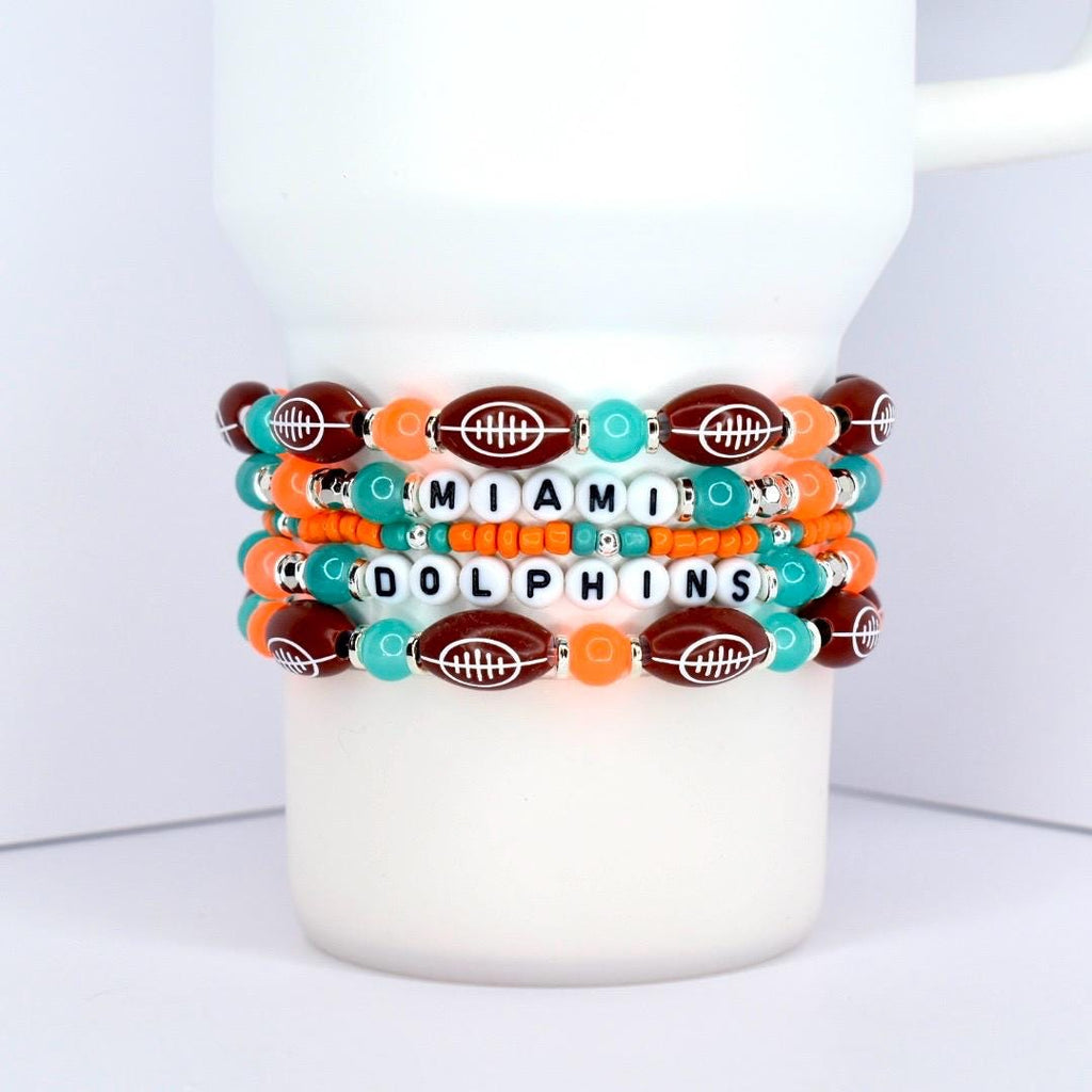 Miami Dolphins Bracelet Collection: Orange Teal and Silver Beaded Bracelets