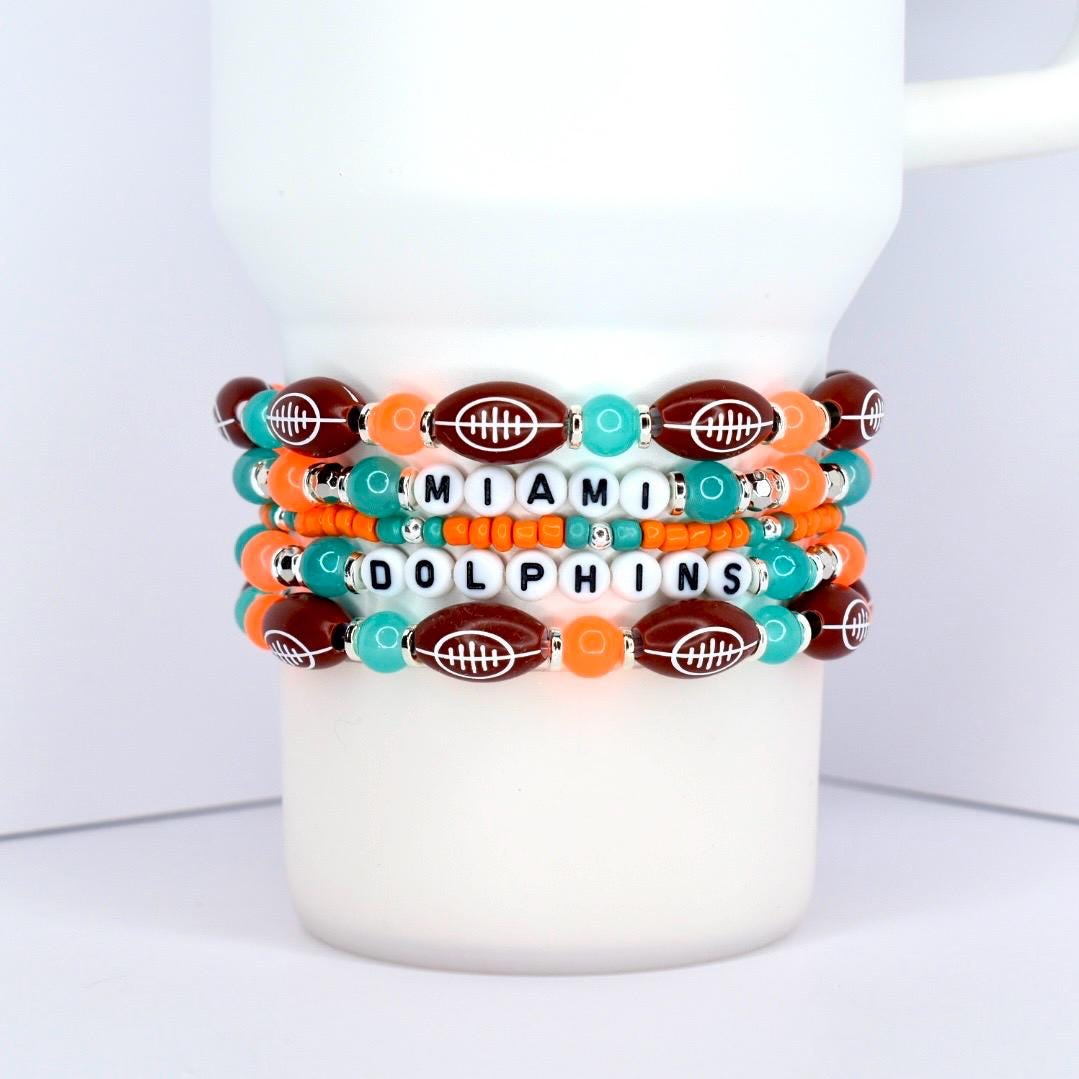 Miami Dolphins Bracelet Collection: Orange Teal and Silver Beaded Bracelets