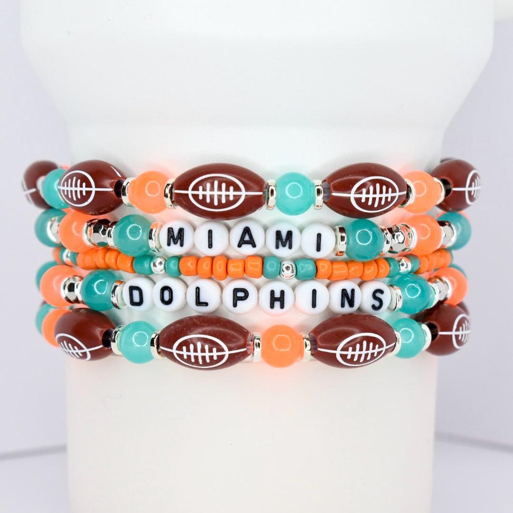 Miami Dolphins Bracelet Collection: Orange Teal and Silver Beaded Bracelets