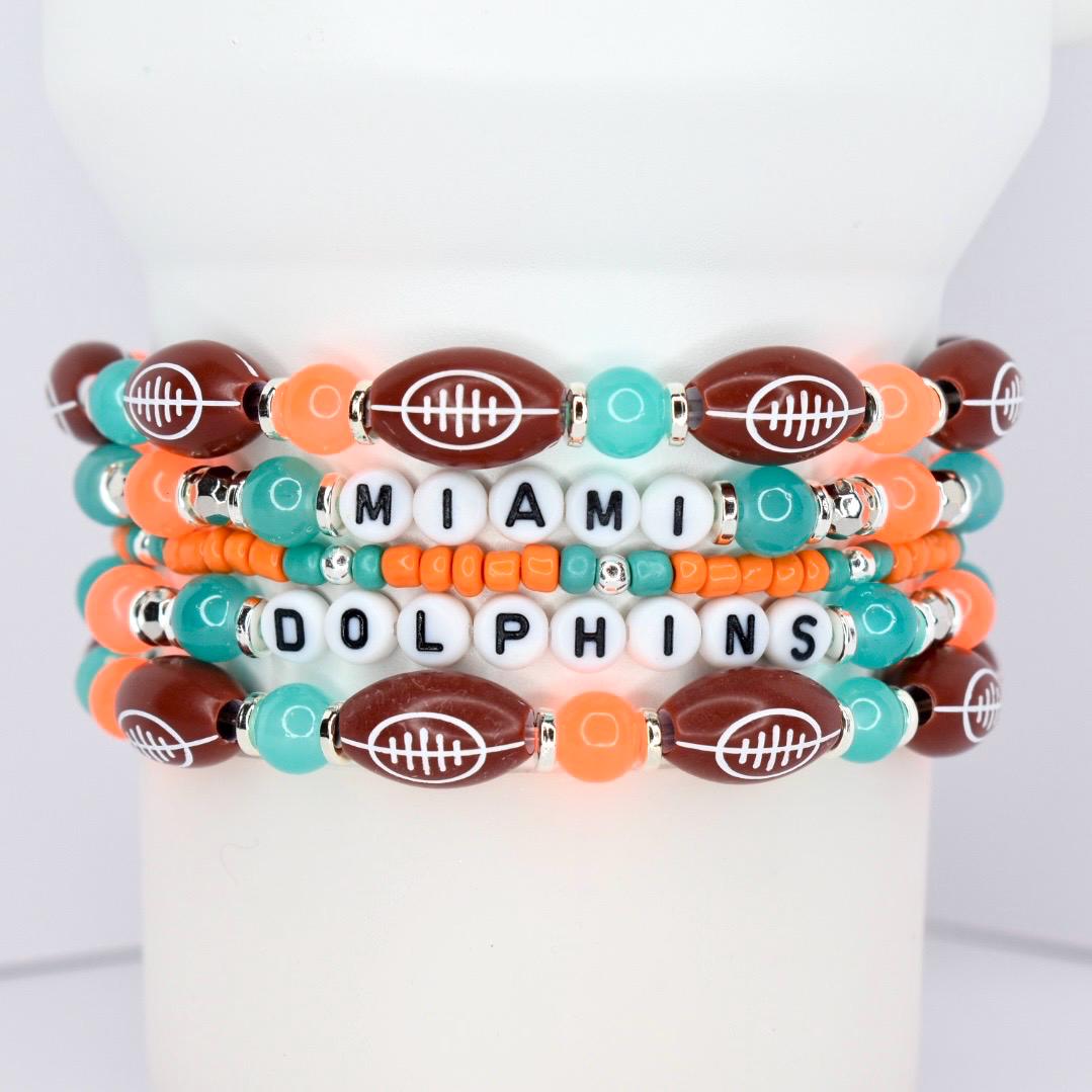 Miami Dolphins Bracelet Collection: Orange Teal and Silver Beaded Bracelets