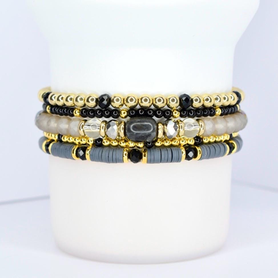 Black and gold tumbler bracelet – elegant beaded wrap with gray stone accents for reusable cups.