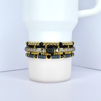 Minimalist tumbler bracelet – handmade black and gold beaded wrap, perfect gift for her.