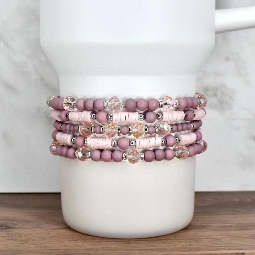 Conch Floral Bracelet Collection: Mauve Pink Bracelets with Silver Accents