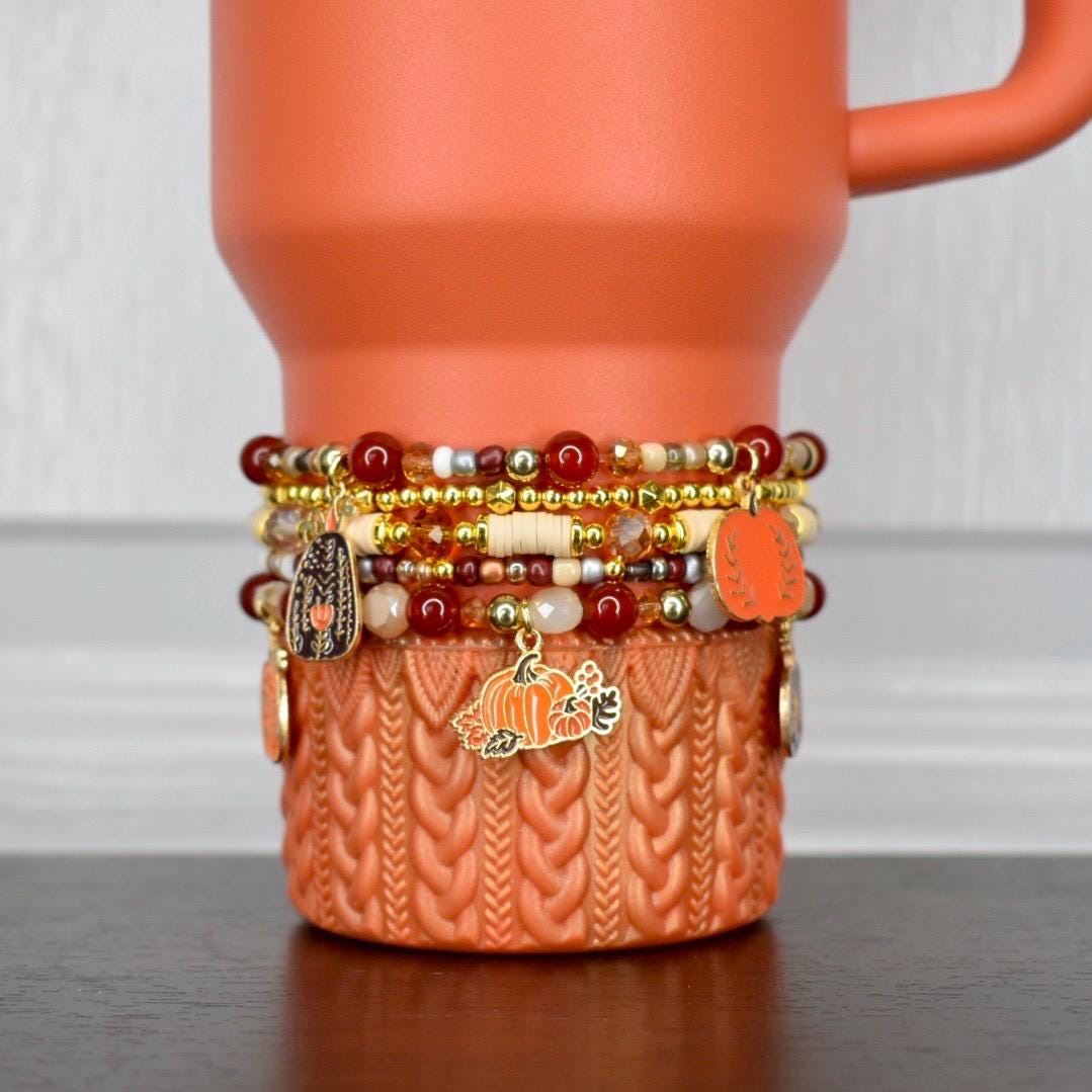 Pumpkin charm tumbler bracelet set - red and gold autumn beaded wrap, perfect for Thanksgiving drinkware accessory, holiday gift or host gift.