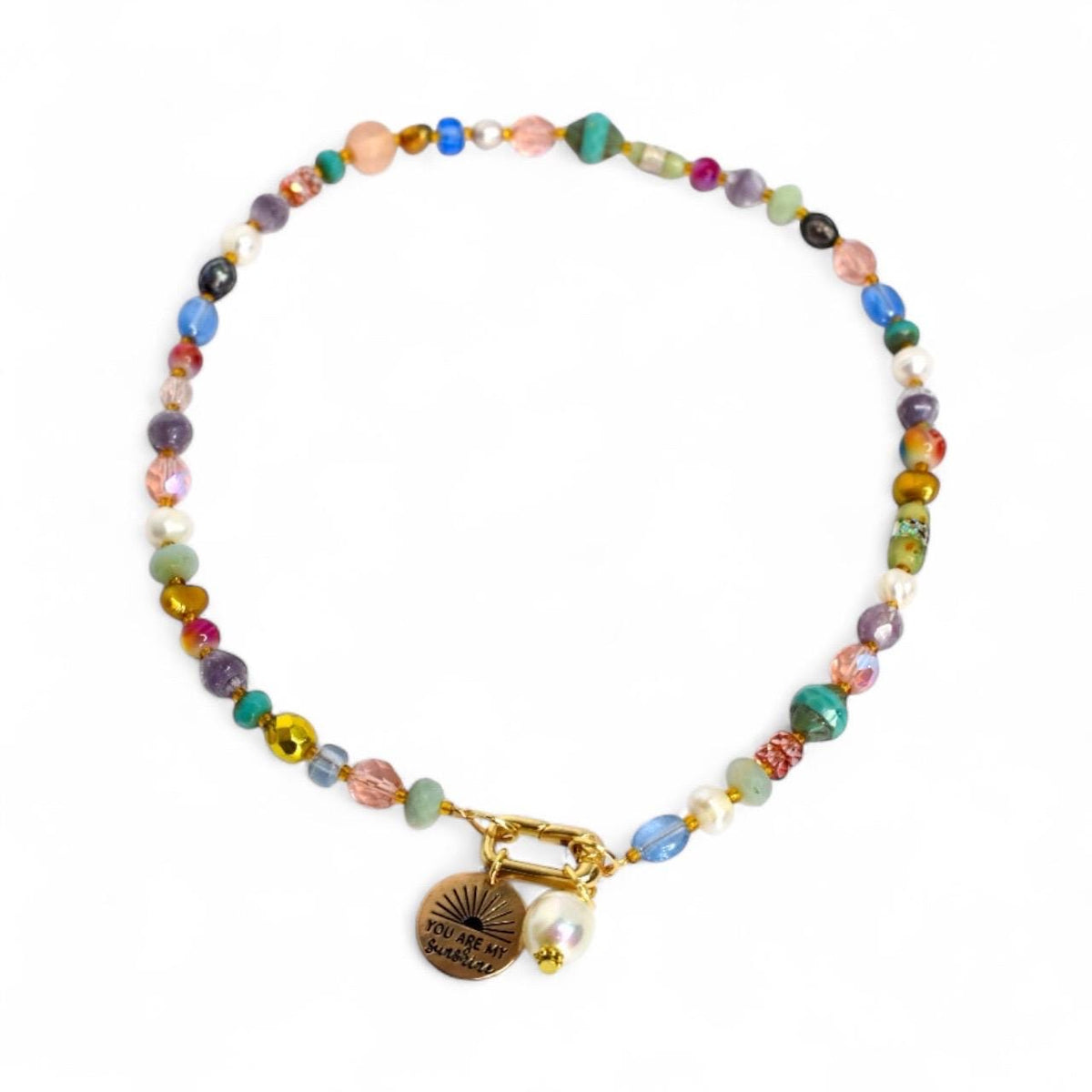 Colorful Beaded Necklace with You Are My Sunshine Charm & Pearl Charm