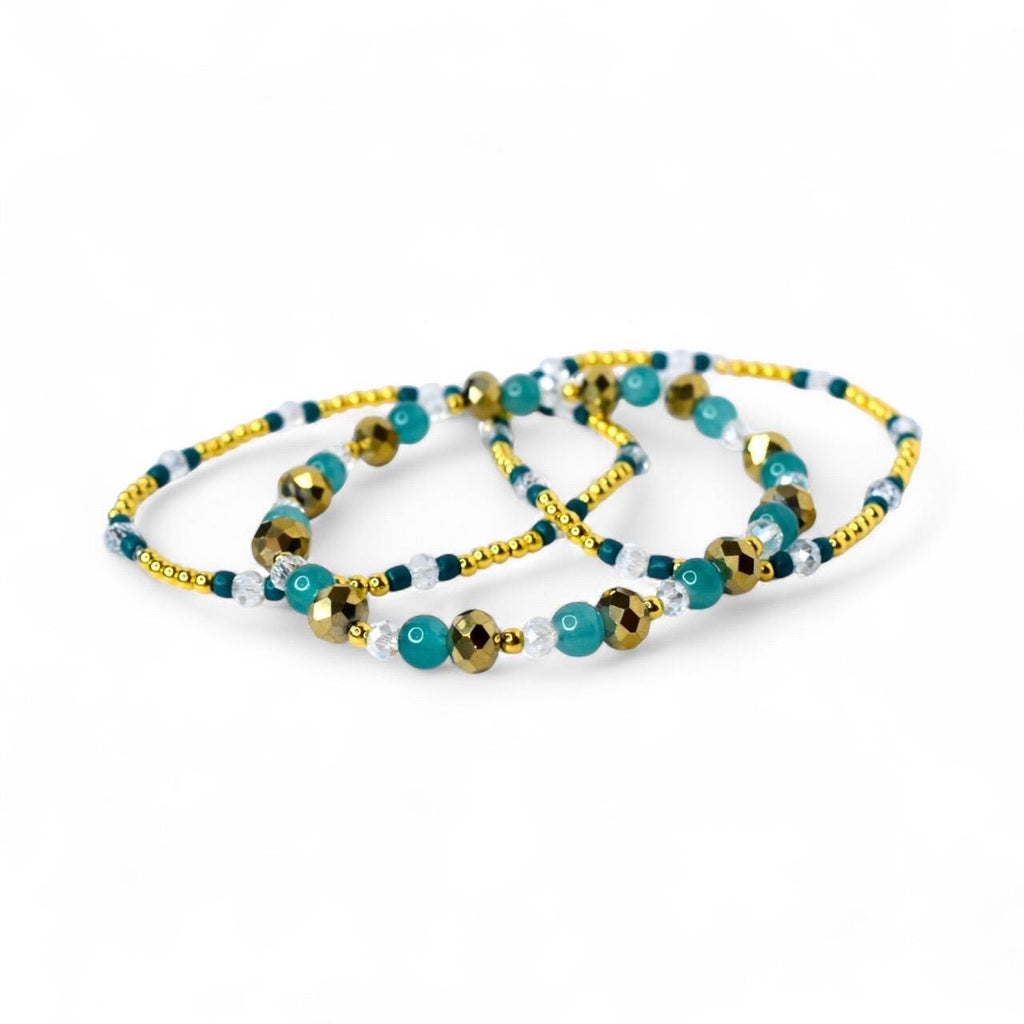 Teal and Gold Bracelet Collection: Handmade Stackable Beaded Bracelets