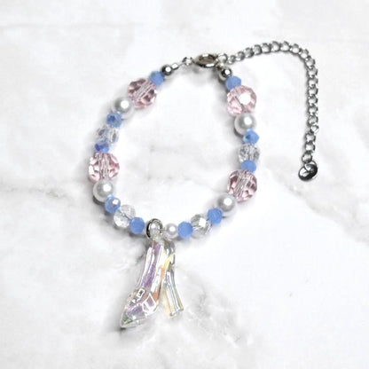 Cinderella inspired bracelet for kids with iridescent glass slipper charm, blue beads, white pearls, and pink crystal accents - Disney princess costume jewelry
