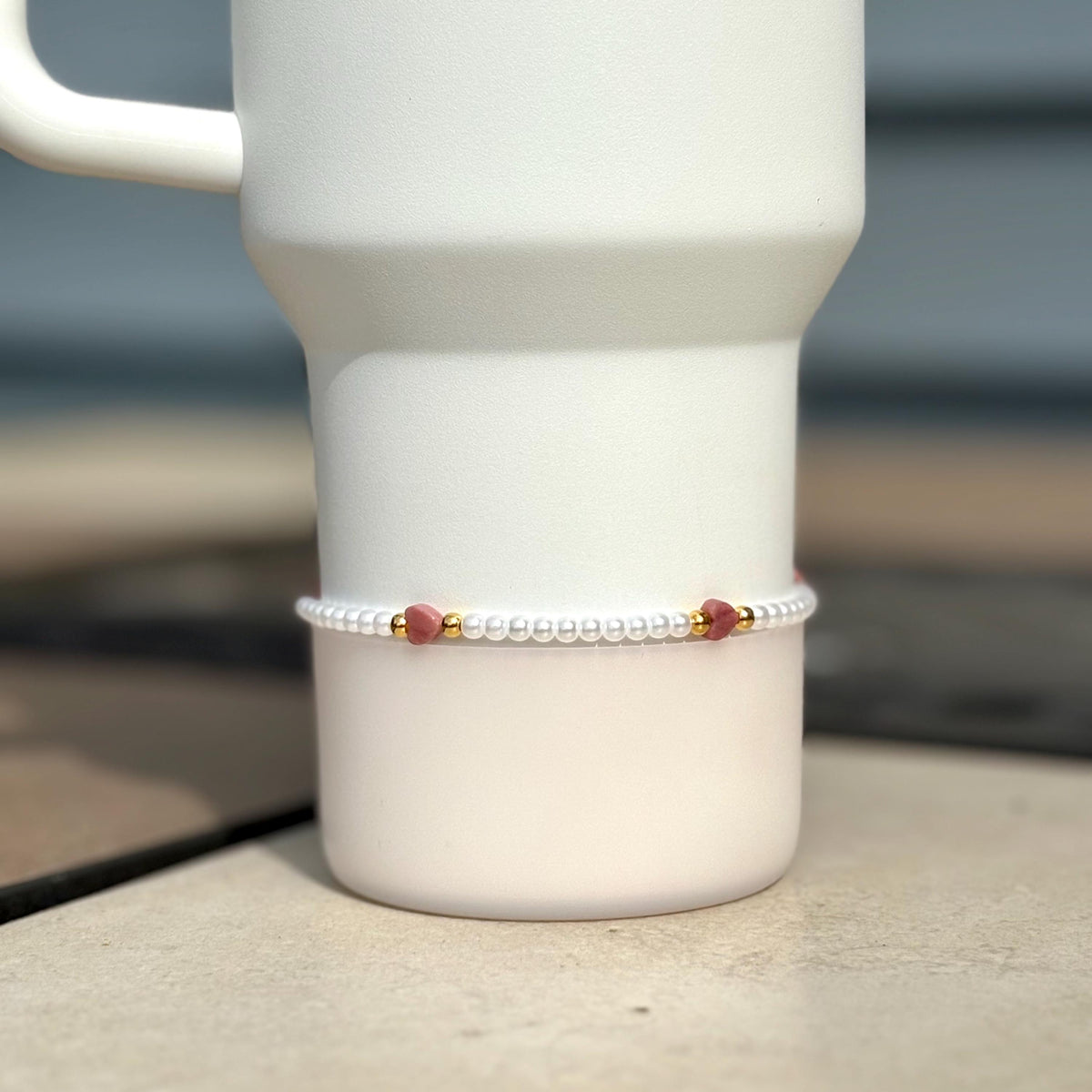 Pearl Beaded Bracelet with Pink Hearts and Gold Accents