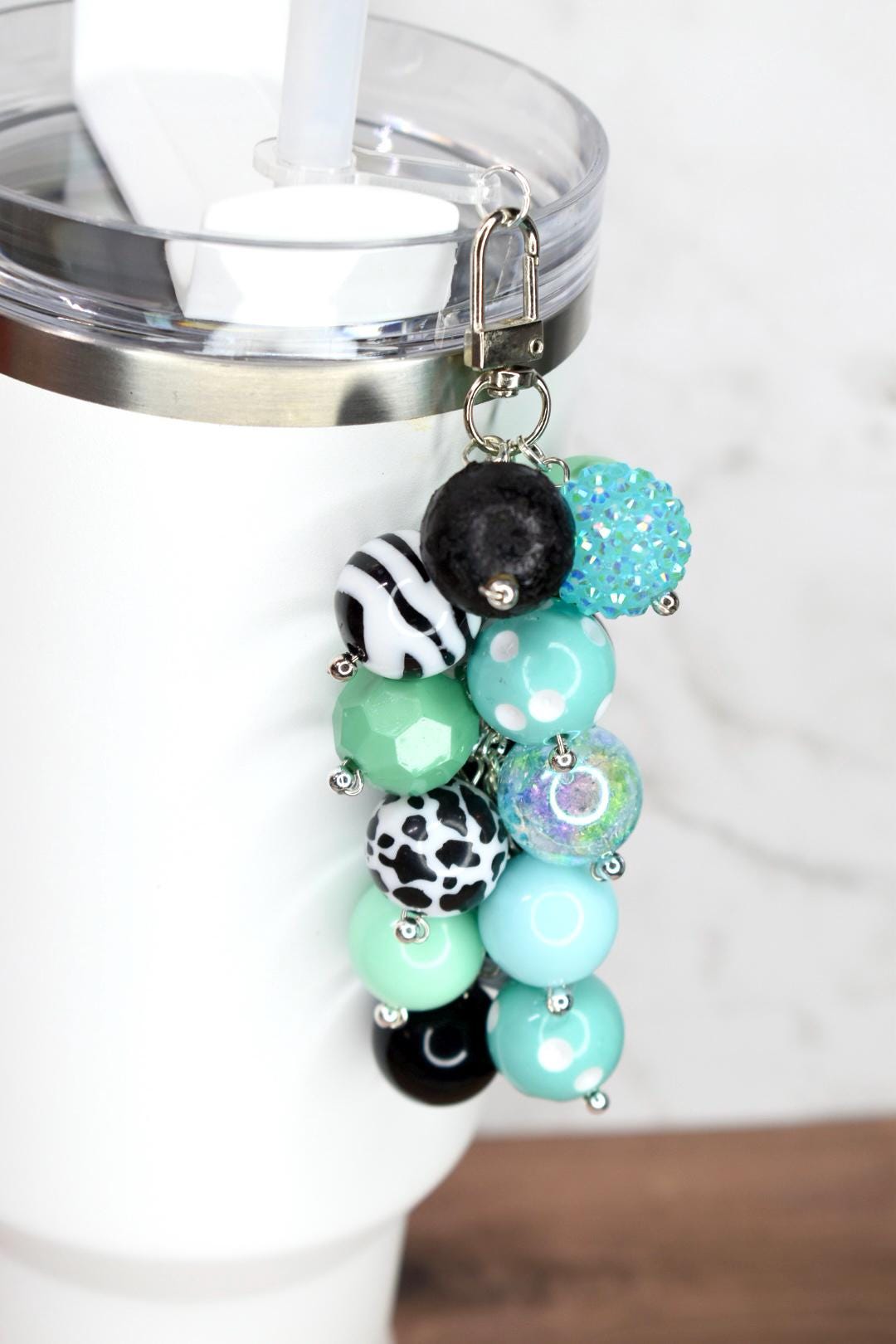 Mint and Black Beaded Tumbler Straw Charm
