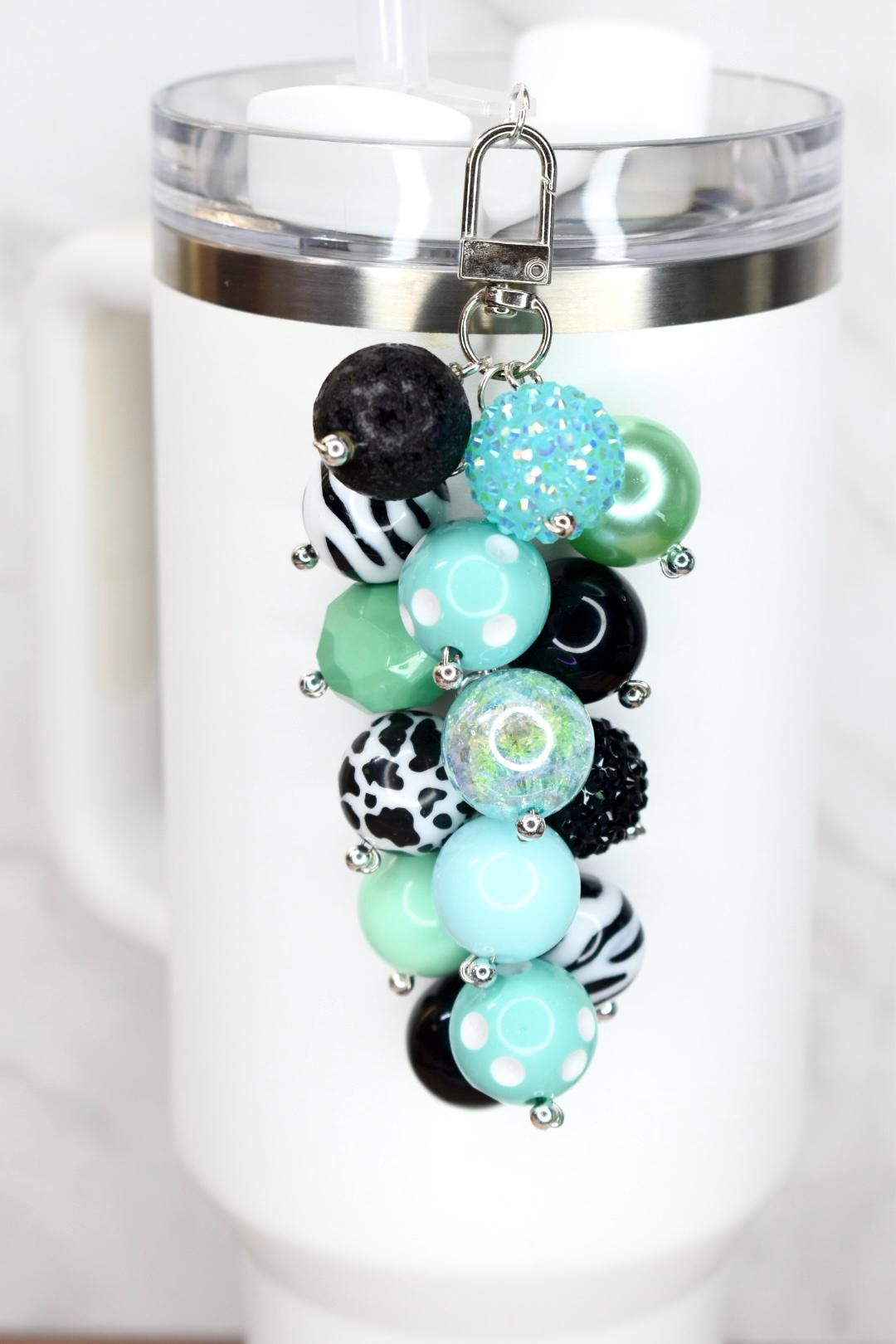 Mint and Black Beaded Tumbler Straw Charm