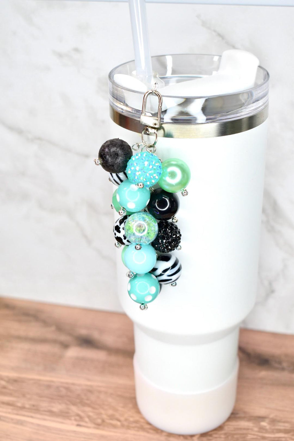 Mint and Black Beaded Tumbler Straw Charm
