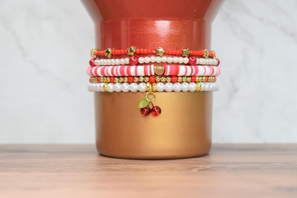 Cherry Charm Bracelet Collection with Red White and Gold Beads