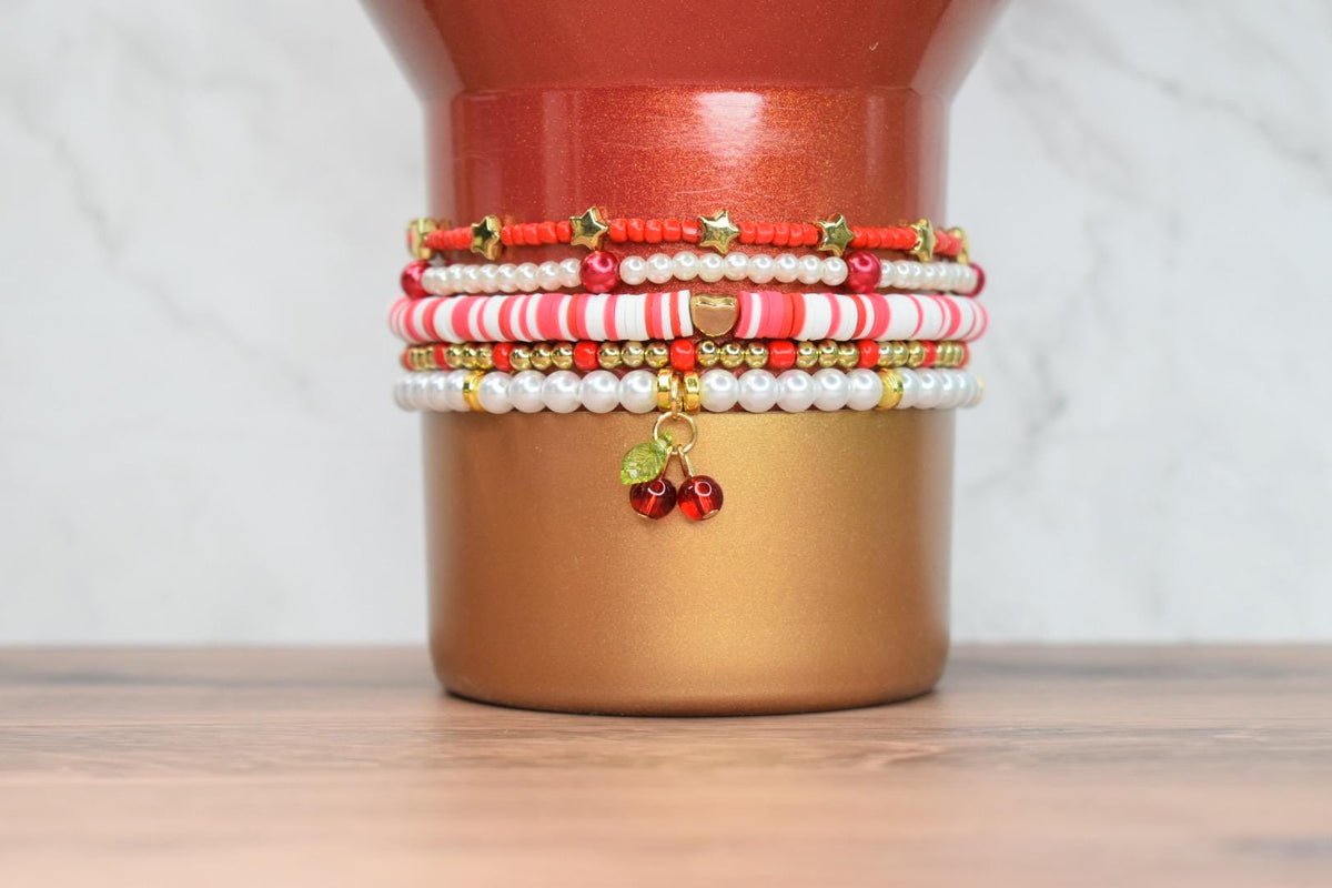 Cherry Charm Bracelet Collection with Red White and Gold Beads