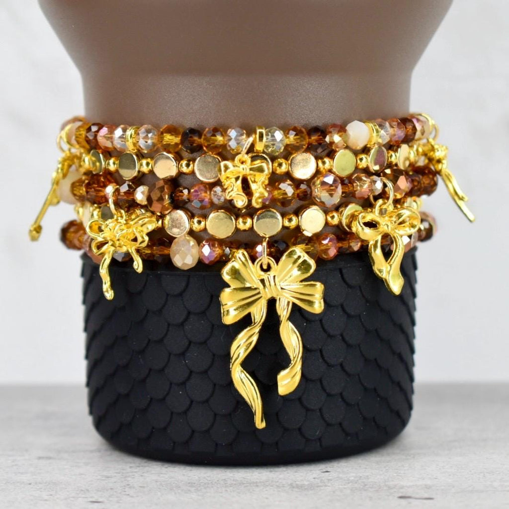 Chocolate Brown and Gold Bracelet Collection - Bow Charm Bracelets