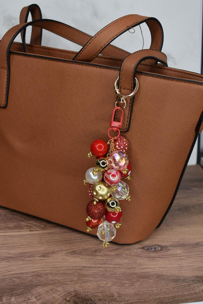 Red and Gold Glam Beaded Bag Charm - Bag Keychain