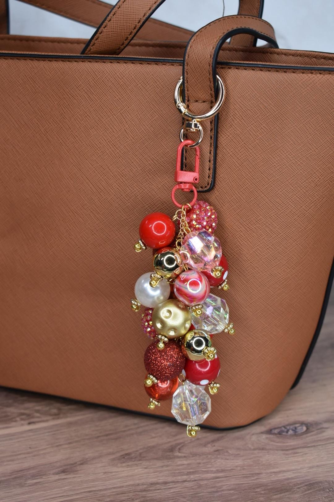Red and Gold Glam Beaded Bag Charm - Bag Keychain