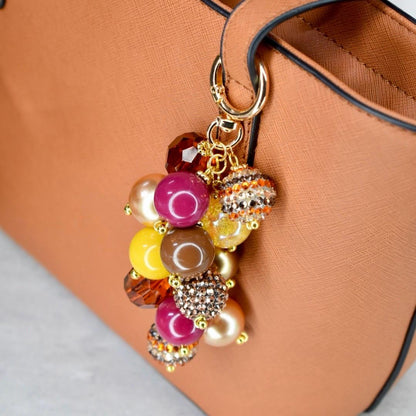 Fall Beaded Bag Charm: Gold and Burgundy Keychain Purse Accessory
