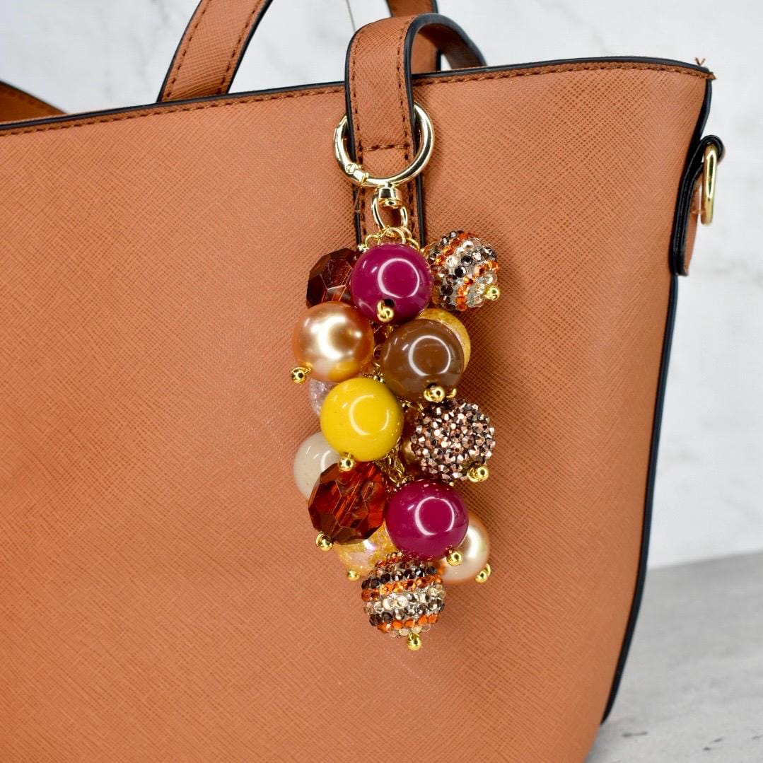 Fall Beaded Bag Charm: Gold and Burgundy Keychain Purse Accessory