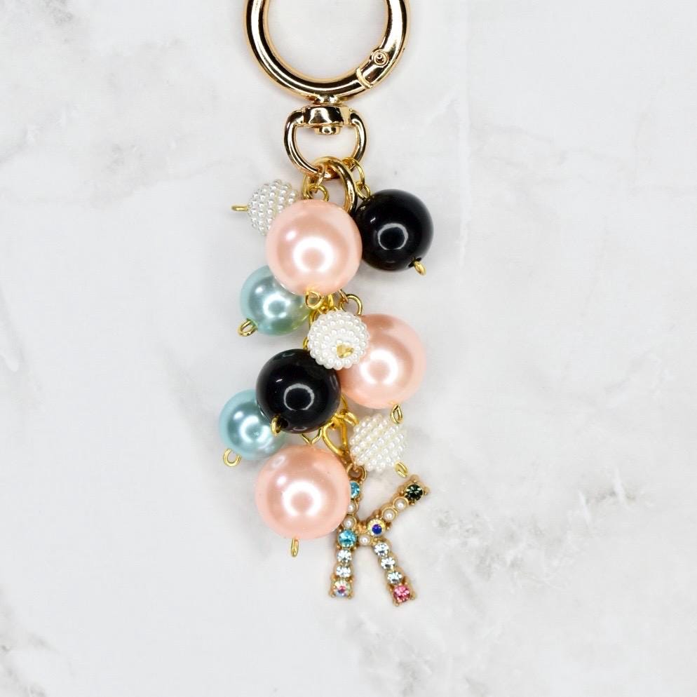 Pearl Beaded Bag Charm: Personalized Rhinestone Initial Keychain